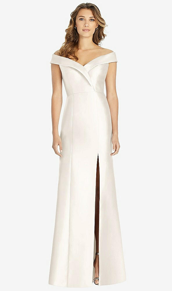 【STYLE: D760】Off-the-Shoulder Cuff Trumpet Gown with Front Slit【COLOR: Ivory】