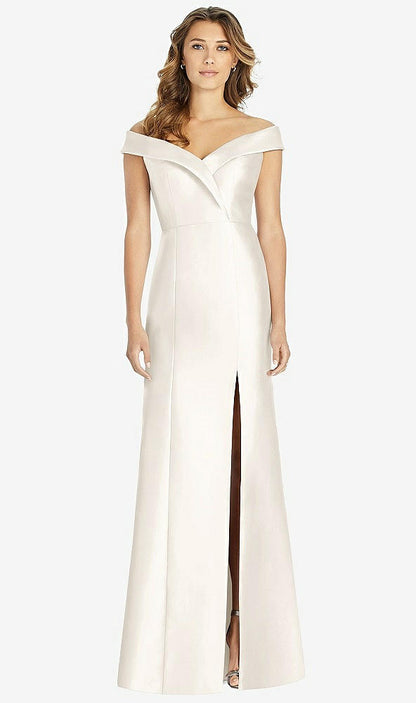 【STYLE: D760】Off-the-Shoulder Cuff Trumpet Gown with Front Slit【COLOR: Ivory】