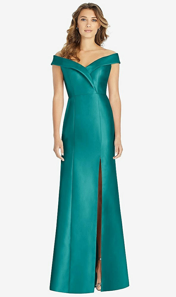 【STYLE: D760】Off-the-Shoulder Cuff Trumpet Gown with Front Slit【COLOR: Jade】