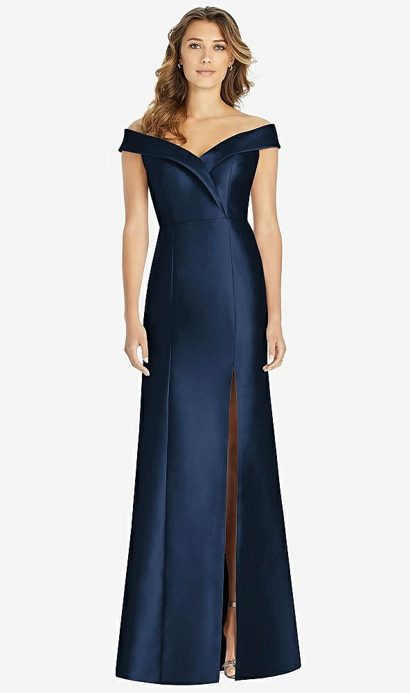 【STYLE: D760】Off-the-Shoulder Cuff Trumpet Gown with Front Slit【COLOR: Midnight Navy】