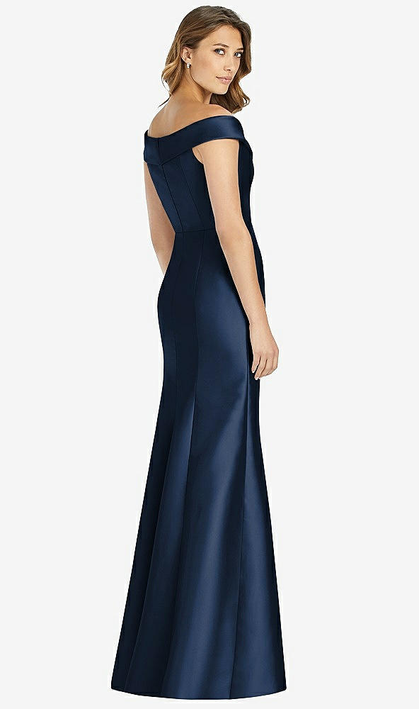 【STYLE: D760】Off-the-Shoulder Cuff Trumpet Gown with Front Slit【COLOR: Midnight Navy】