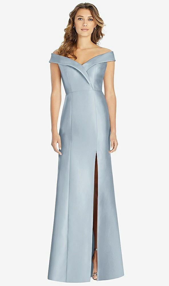【STYLE: D760】Off-the-Shoulder Cuff Trumpet Gown with Front Slit【COLOR: Mist】