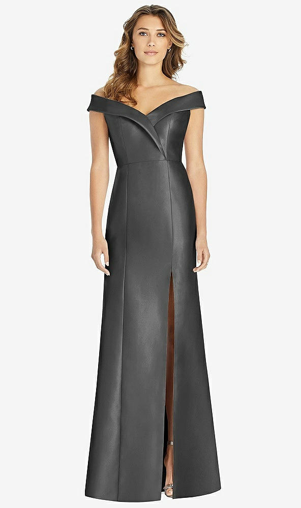 【STYLE: D760】Off-the-Shoulder Cuff Trumpet Gown with Front Slit【COLOR: Pewter】