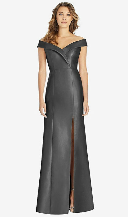 【STYLE: D760】Off-the-Shoulder Cuff Trumpet Gown with Front Slit【COLOR: Pewter】