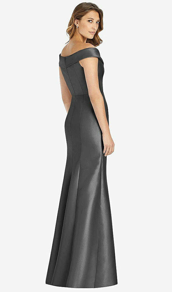 【STYLE: D760】Off-the-Shoulder Cuff Trumpet Gown with Front Slit【COLOR: Pewter】