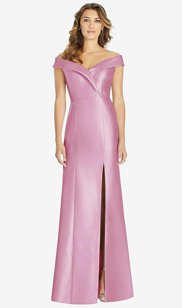 【STYLE: D760】Off-the-Shoulder Cuff Trumpet Gown with Front Slit【COLOR: Powder Pink】