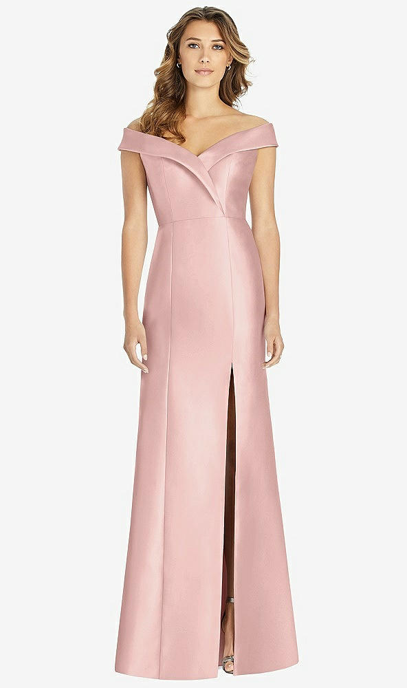 【STYLE: D760】Off-the-Shoulder Cuff Trumpet Gown with Front Slit【COLOR: Rose - PANTONE Rose Quartz】