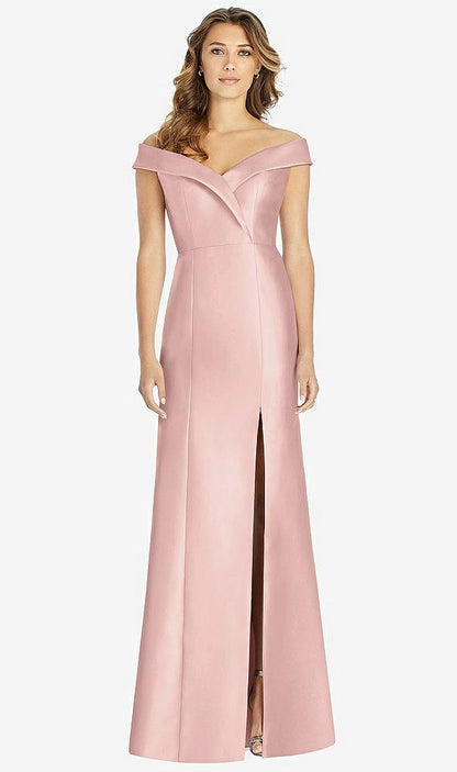 【STYLE: D760】Off-the-Shoulder Cuff Trumpet Gown with Front Slit【COLOR: Rose - PANTONE Rose Quartz】