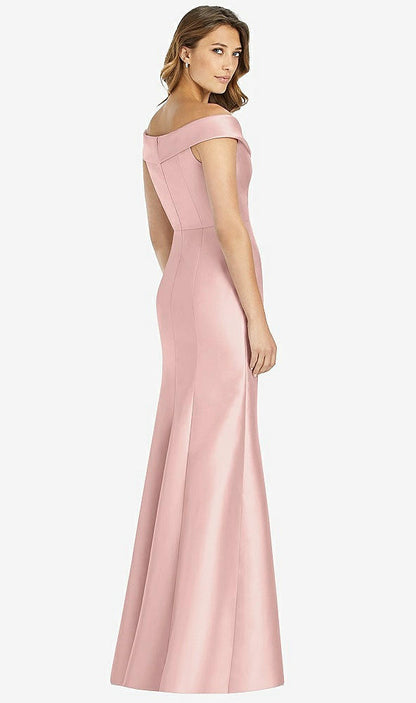 【STYLE: D760】Off-the-Shoulder Cuff Trumpet Gown with Front Slit【COLOR: Rose - PANTONE Rose Quartz】