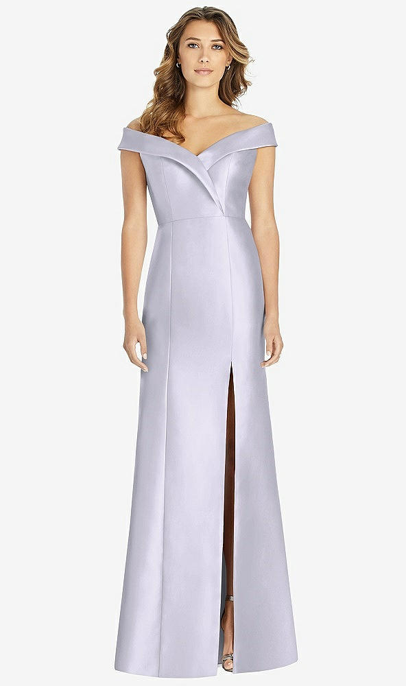 【STYLE: D760】Off-the-Shoulder Cuff Trumpet Gown with Front Slit【COLOR: Silver Dove】