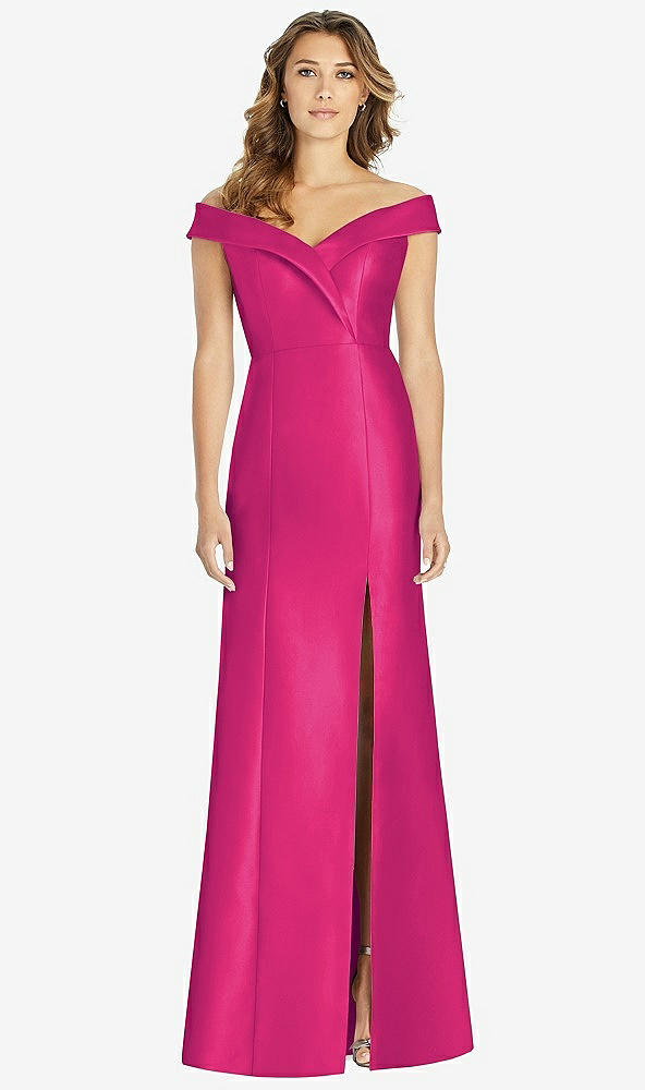 【STYLE: D760】Off-the-Shoulder Cuff Trumpet Gown with Front Slit【COLOR: Think Pink】