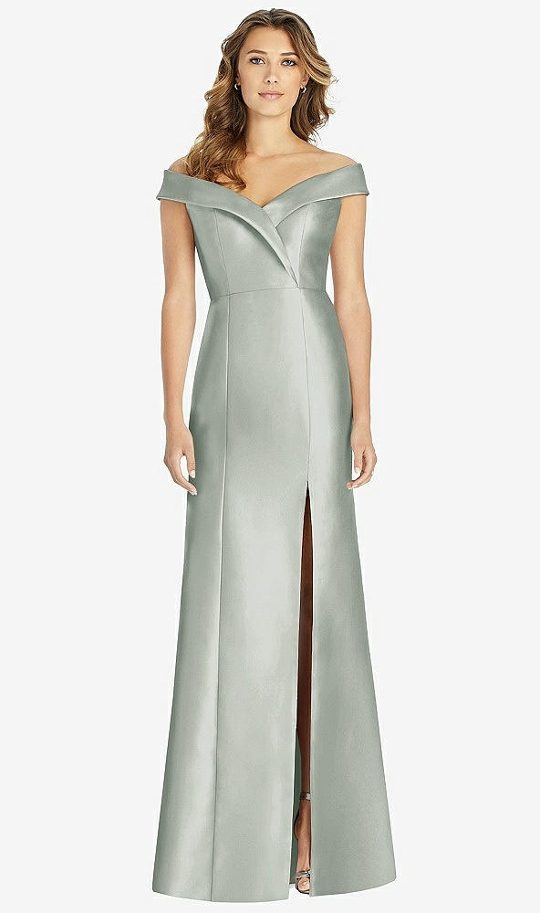 【STYLE: D760】Off-the-Shoulder Cuff Trumpet Gown with Front Slit【COLOR: Willow Green】