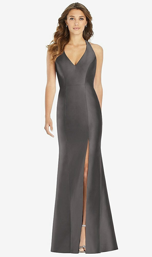 【STYLE: D761】V-Neck Halter Satin Trumpet Gown【COLOR: Caviar Gray】