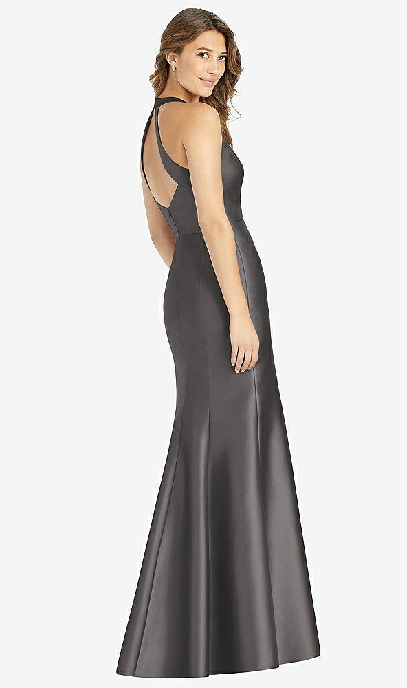 【STYLE: D761】V-Neck Halter Satin Trumpet Gown【COLOR: Caviar Gray】
