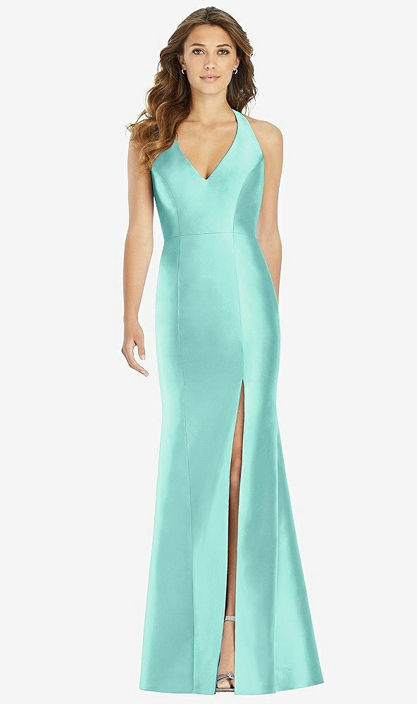 【STYLE: D761】V-Neck Halter Satin Trumpet Gown【COLOR: Coastal】