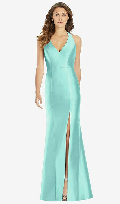 【STYLE: D761】V-Neck Halter Satin Trumpet Gown【COLOR: Coastal】
