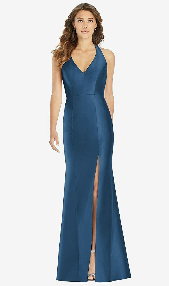 【STYLE: D761】V-Neck Halter Satin Trumpet Gown【COLOR: Dusk Blue】