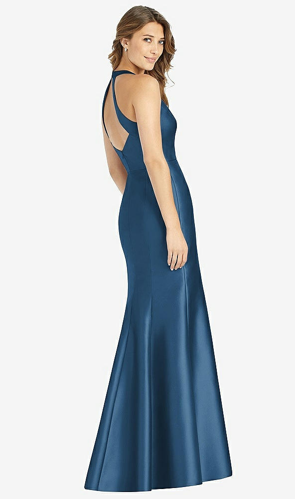 【STYLE: D761】V-Neck Halter Satin Trumpet Gown【COLOR: Dusk Blue】