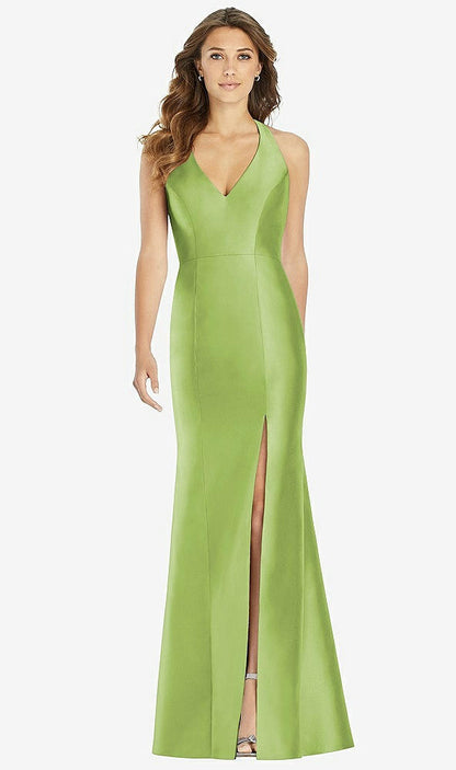 【STYLE: D761】V-Neck Halter Satin Trumpet Gown【COLOR: Mojito】
