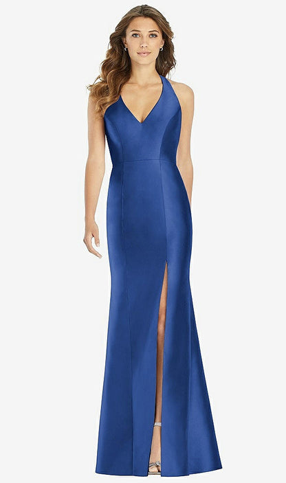 【STYLE: D761】V-Neck Halter Satin Trumpet Gown【COLOR: Classic Blue】
