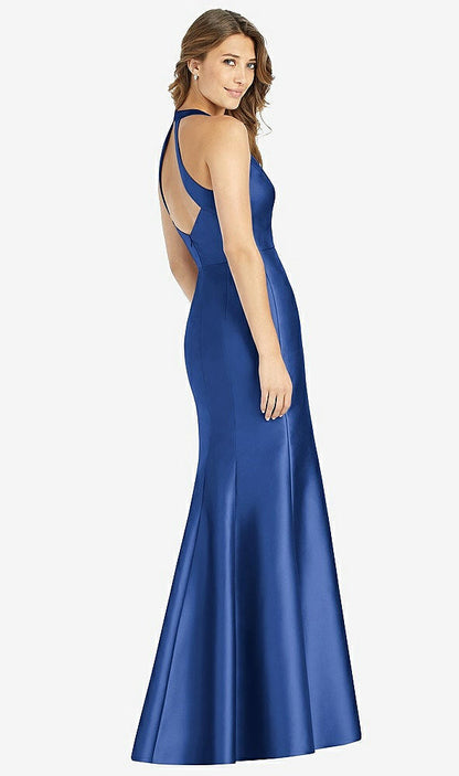 【STYLE: D761】V-Neck Halter Satin Trumpet Gown【COLOR: Classic Blue】