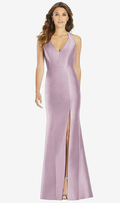 【STYLE: D761】V-Neck Halter Satin Trumpet Gown【COLOR: Suede Rose】