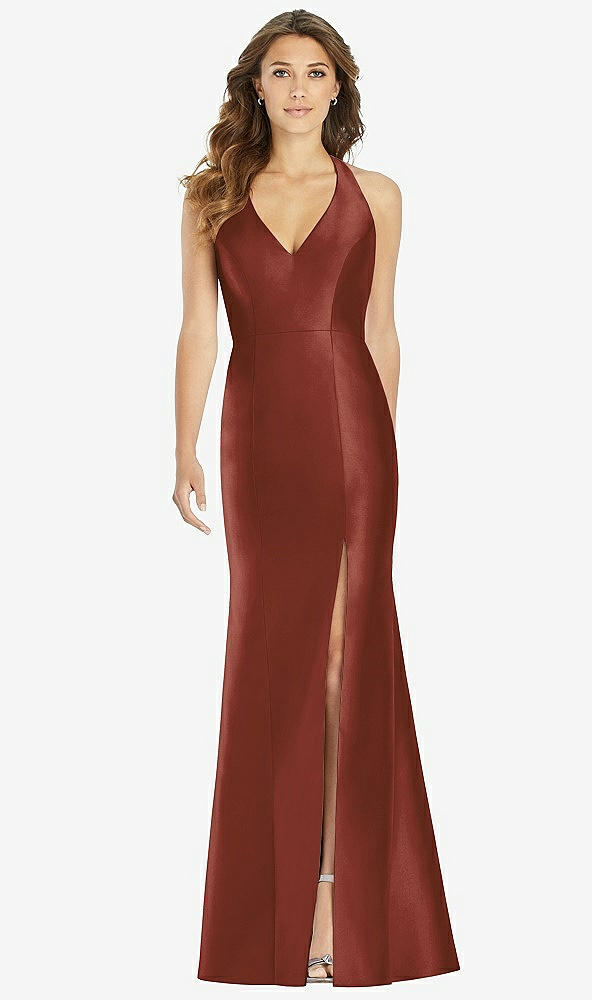 【STYLE: D761】V-Neck Halter Satin Trumpet Gown【COLOR: Auburn Moon】