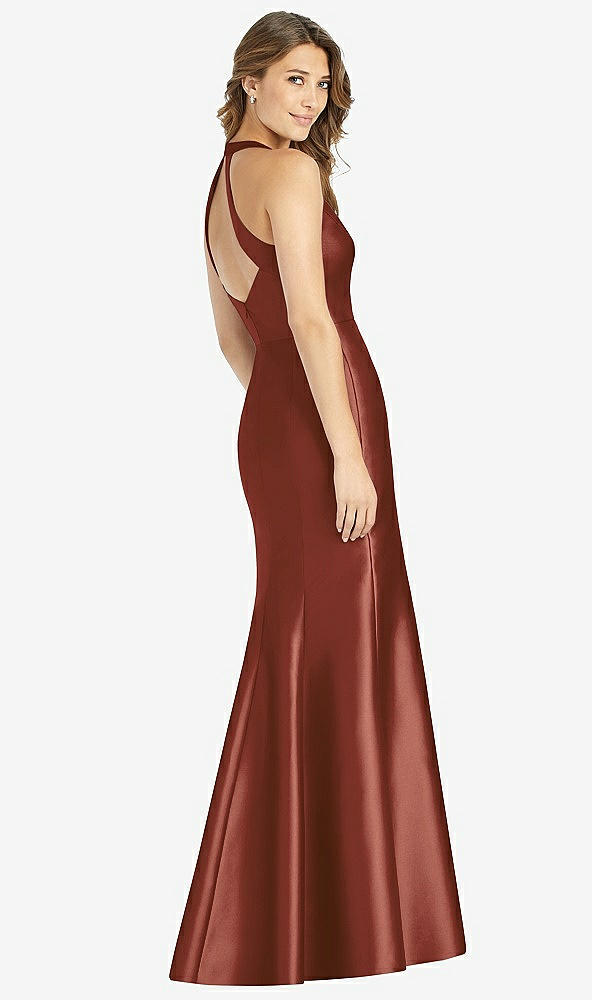 【STYLE: D761】V-Neck Halter Satin Trumpet Gown【COLOR: Auburn Moon】