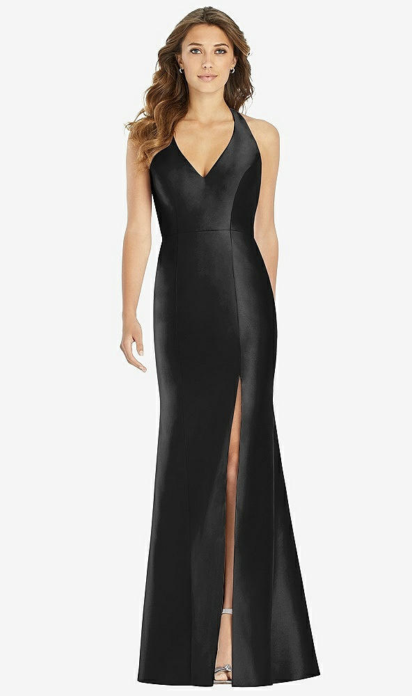 【STYLE: D761】V-Neck Halter Satin Trumpet Gown【COLOR: Black】