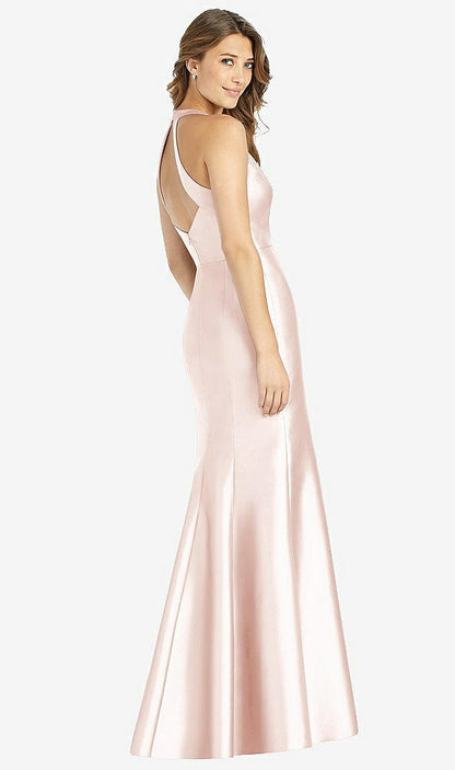 【STYLE: D761】V-Neck Halter Satin Trumpet Gown【COLOR: Blush】