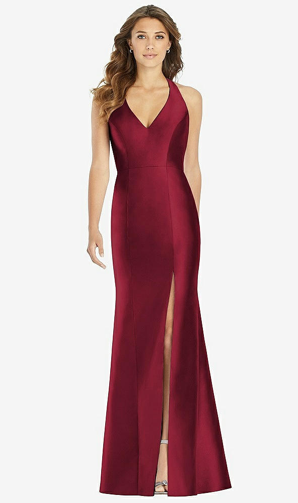 【STYLE: D761】V-Neck Halter Satin Trumpet Gown【COLOR: Burgundy】