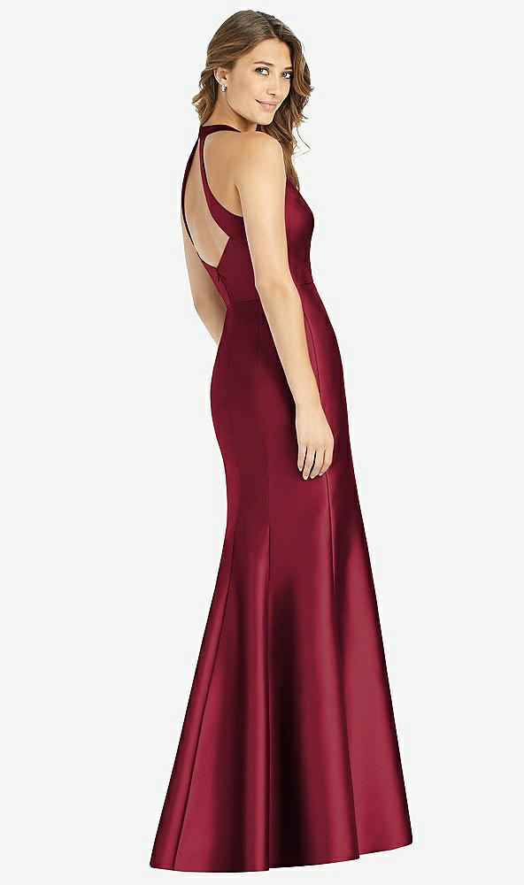 【STYLE: D761】V-Neck Halter Satin Trumpet Gown【COLOR: Burgundy】