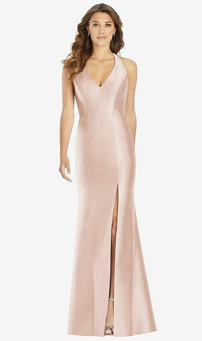 【STYLE: D761】V-Neck Halter Satin Trumpet Gown【COLOR: Cameo】