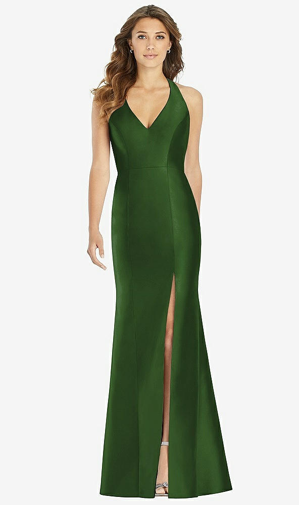 【STYLE: D761】V-Neck Halter Satin Trumpet Gown【COLOR: Celtic】