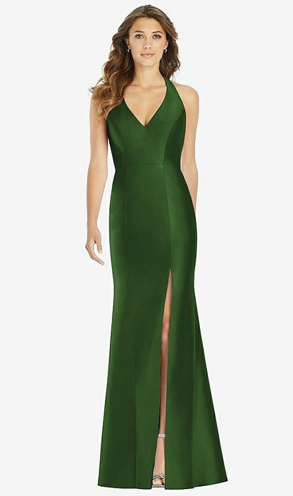 【STYLE: D761】V-Neck Halter Satin Trumpet Gown【COLOR: Celtic】