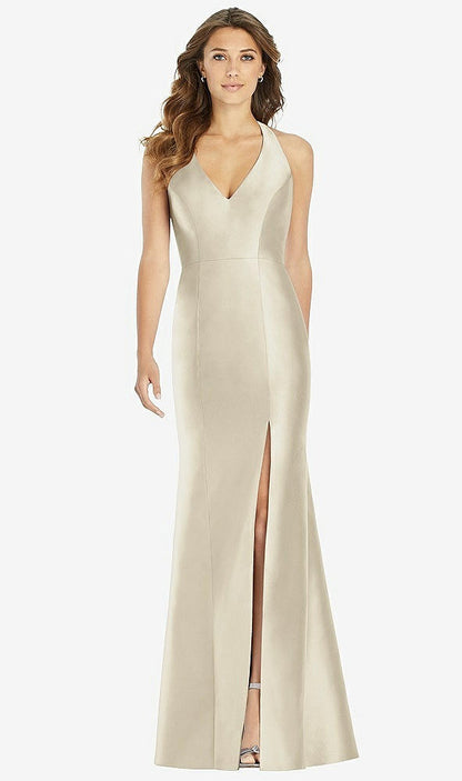 【STYLE: D761】V-Neck Halter Satin Trumpet Gown【COLOR: Champagne】