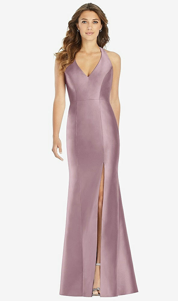 【STYLE: D761】V-Neck Halter Satin Trumpet Gown【COLOR: Dusty Rose】