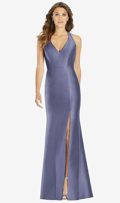 【STYLE: D761】V-Neck Halter Satin Trumpet Gown【COLOR: French Blue】