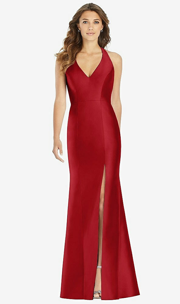 【STYLE: D761】V-Neck Halter Satin Trumpet Gown【COLOR: Garnet】
