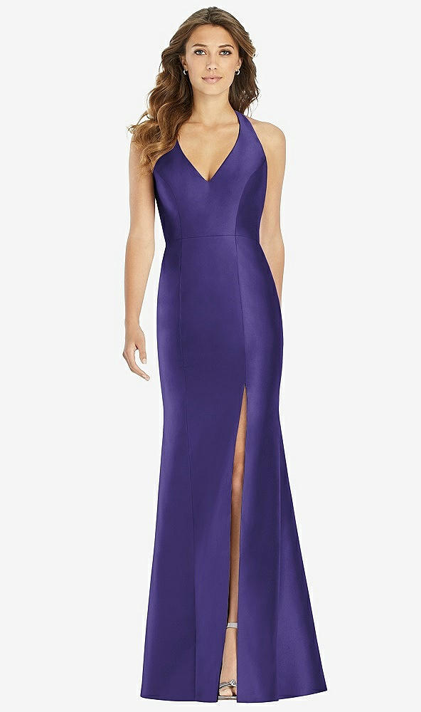 【STYLE: D761】V-Neck Halter Satin Trumpet Gown【COLOR: Grape】