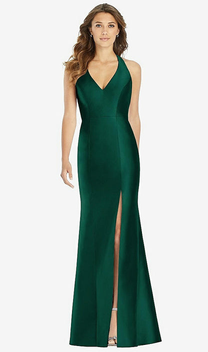 【STYLE: D761】V-Neck Halter Satin Trumpet Gown【COLOR: Hunter Green】