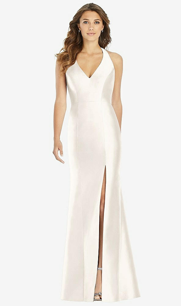 【STYLE: D761】V-Neck Halter Satin Trumpet Gown【COLOR: Ivory】