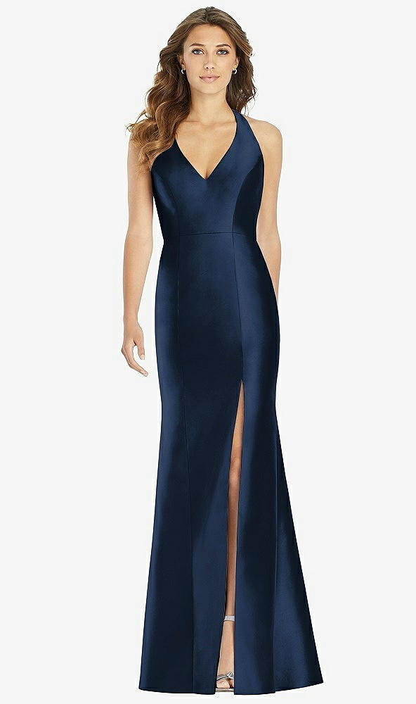 【STYLE: D761】V-Neck Halter Satin Trumpet Gown【COLOR: Midnight Navy】