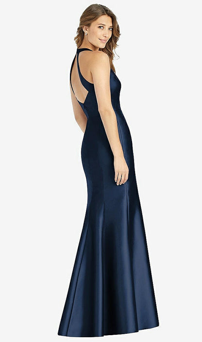 【STYLE: D761】V-Neck Halter Satin Trumpet Gown【COLOR: Midnight Navy】