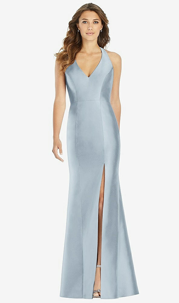 【STYLE: D761】V-Neck Halter Satin Trumpet Gown【COLOR: Mist】