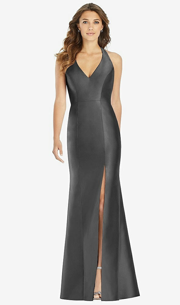 【STYLE: D761】V-Neck Halter Satin Trumpet Gown【COLOR: Pewter】