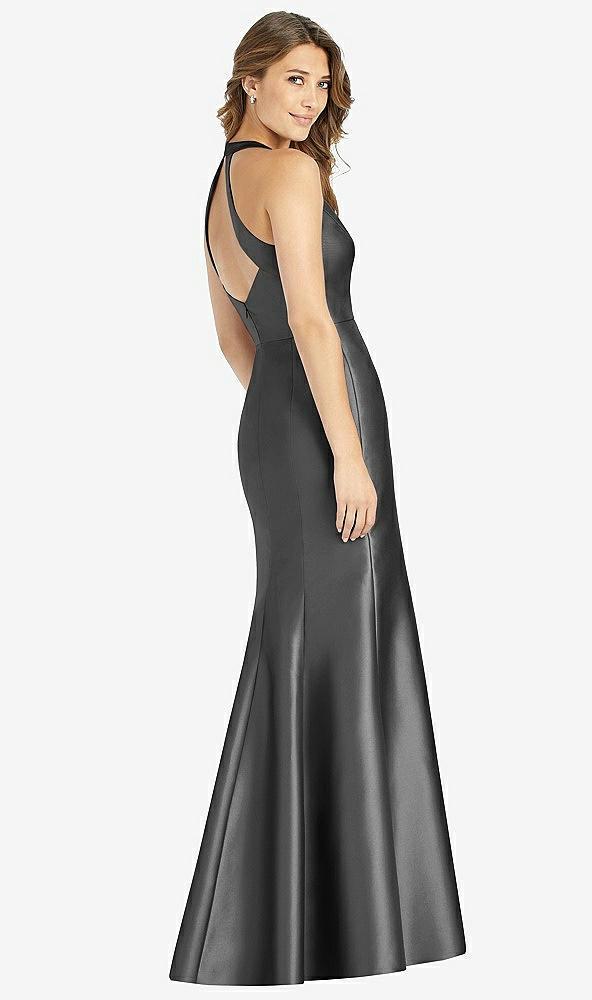 【STYLE: D761】V-Neck Halter Satin Trumpet Gown【COLOR: Pewter】