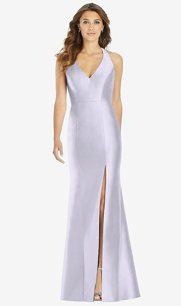【STYLE: D761】V-Neck Halter Satin Trumpet Gown【COLOR: Silver Dove】