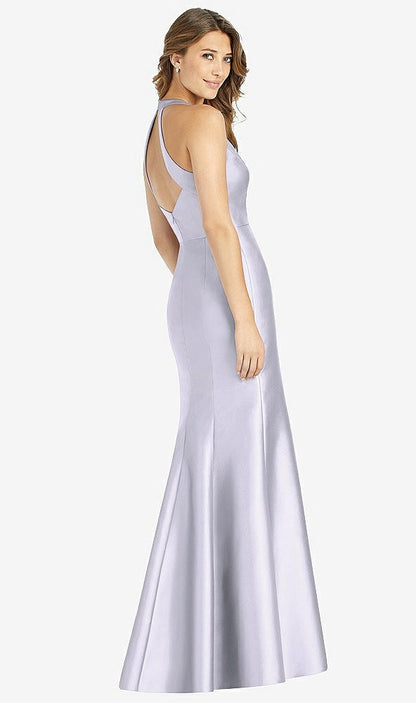 【STYLE: D761】V-Neck Halter Satin Trumpet Gown【COLOR: Silver Dove】