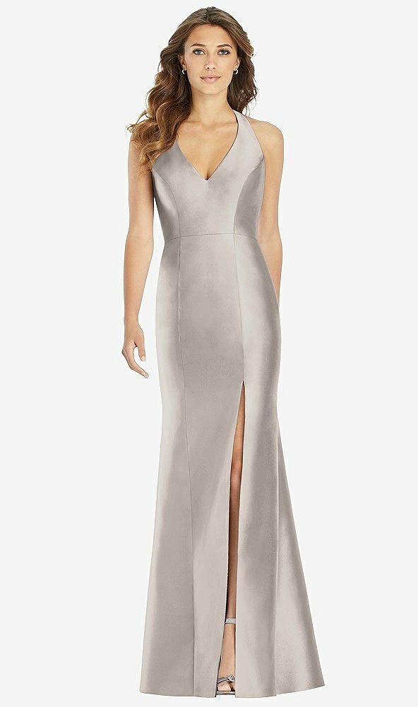 【STYLE: D761】V-Neck Halter Satin Trumpet Gown【COLOR: Taupe】